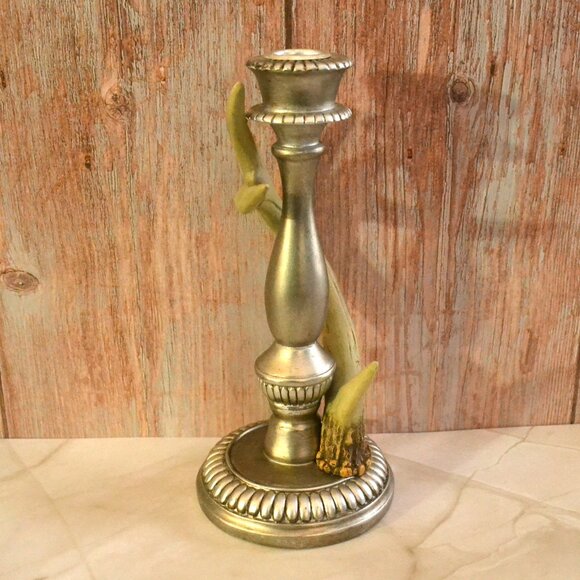 Candleholder Silver Color With Antler Outdoor Theme Decor Or Camp Accent - Picture 3 of 6